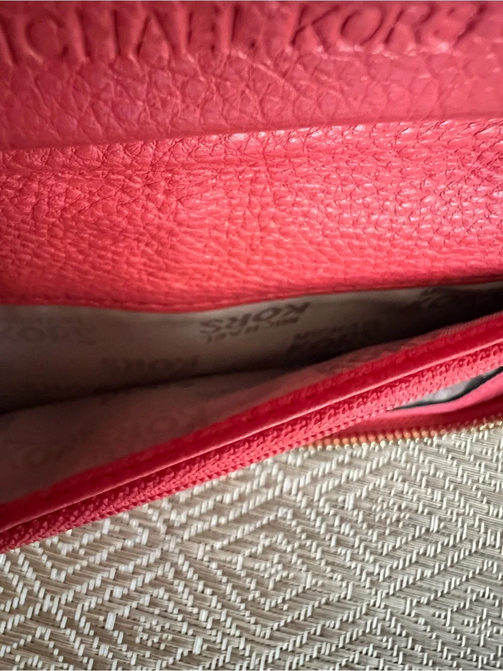 Michael Kors Fulton Pinkish Red Zip Around Leather Phone Case Wristlet Wallet